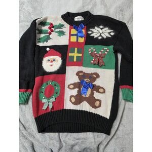 Baxter & Wells Sweater Womens Small Multicolor Christmas Teddy Bear Wreath Bow